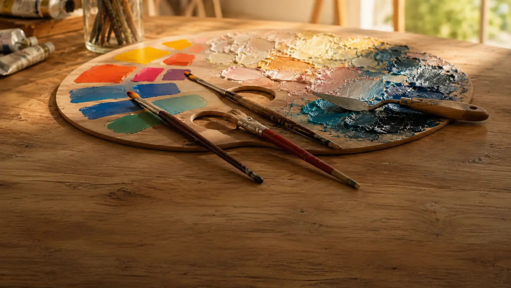 Palette de peintre avec aplats d'acrylique et empâtements à l'huile, atelier Lik'Art à Tunis