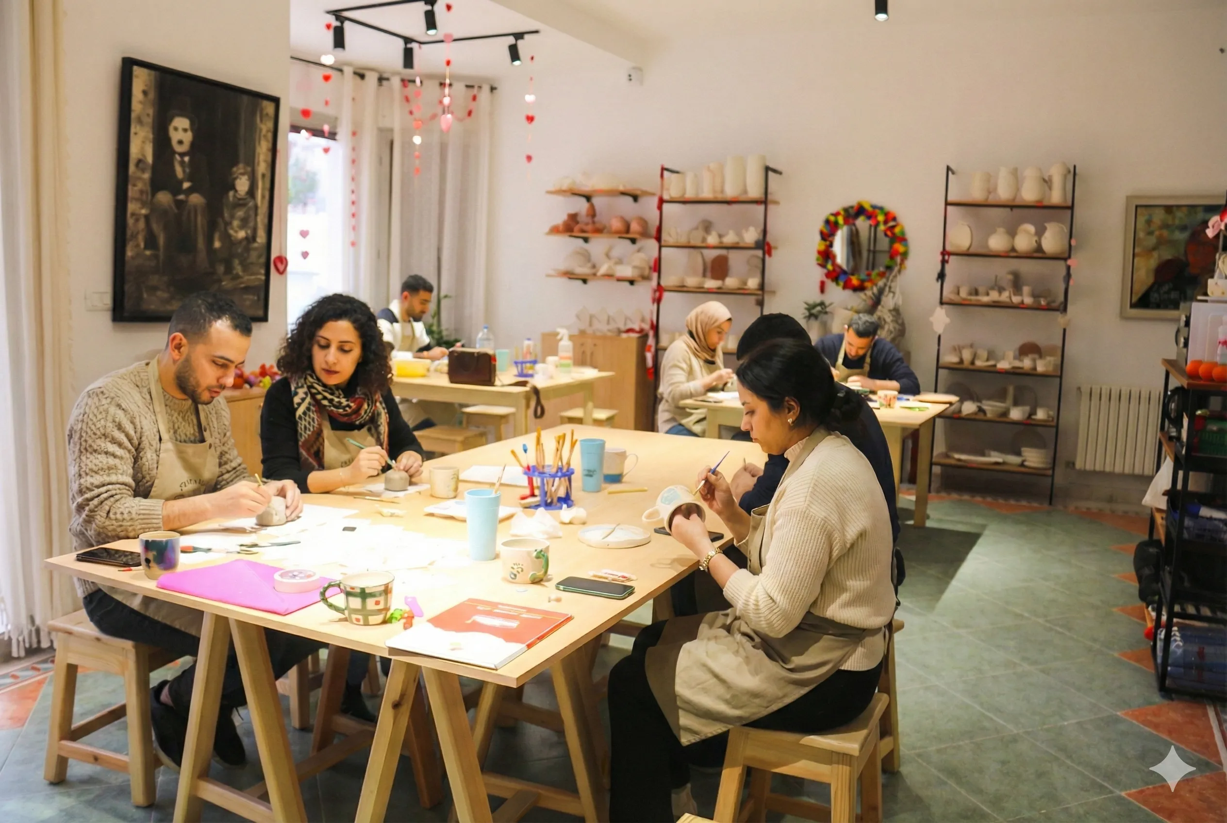 Participants peignant et modelant autour de tables en bois dans l'atelier Lik'Art