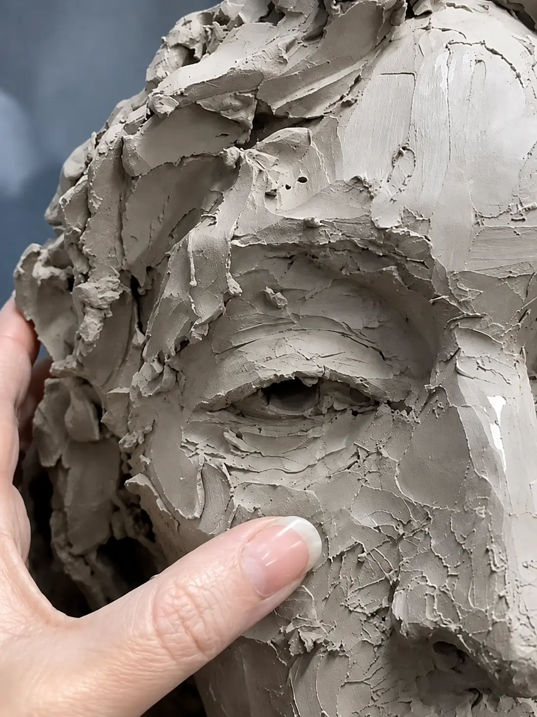Visage expressif modelé dans la masse d'argile, atelier céramique Lik'Art à Tunis