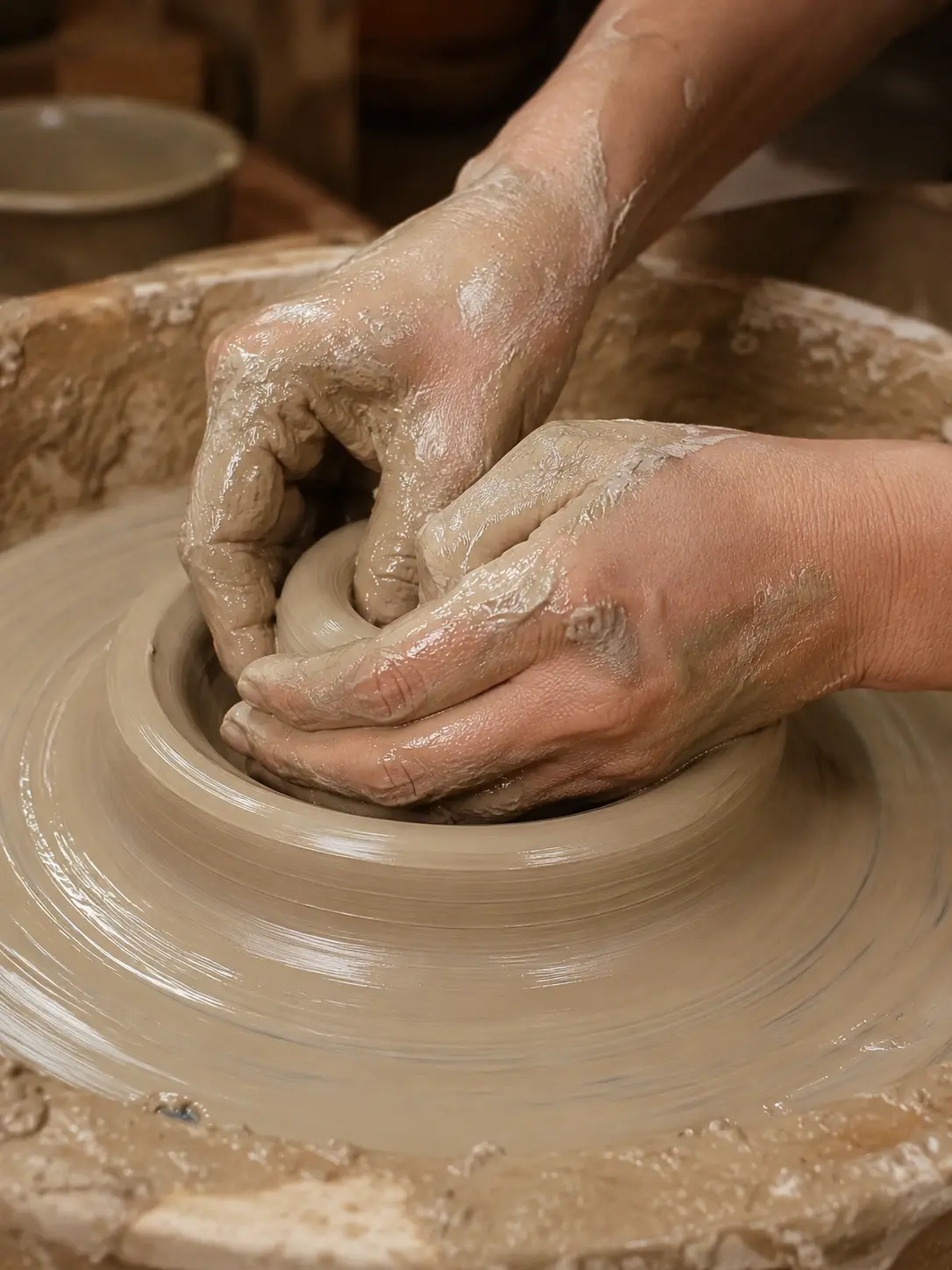 Mains façonnant une pièce en argile sur un tour de potier, atelier Lik'Art à Tunis