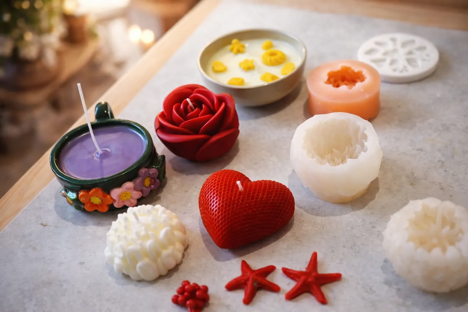 Bougies artisanales en forme de rose, coeur et étoiles de mer réalisées en atelier