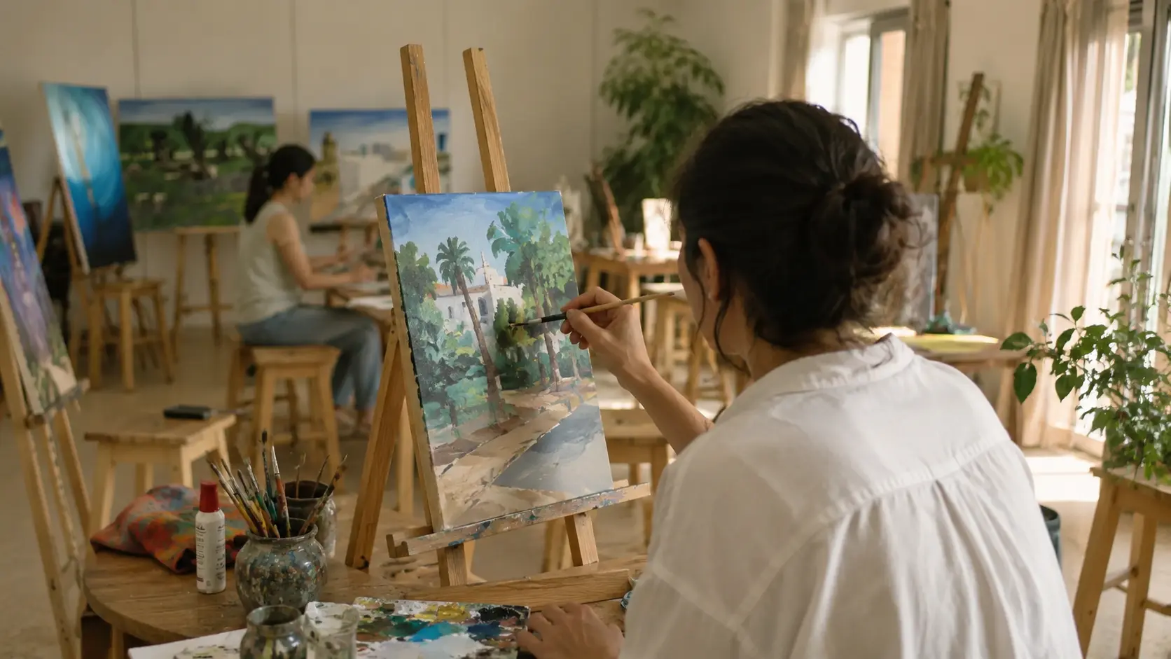Atelier de peinture à Lik'Art, Tunis : des débutants peignent sur chevalet dans un espace lumineux