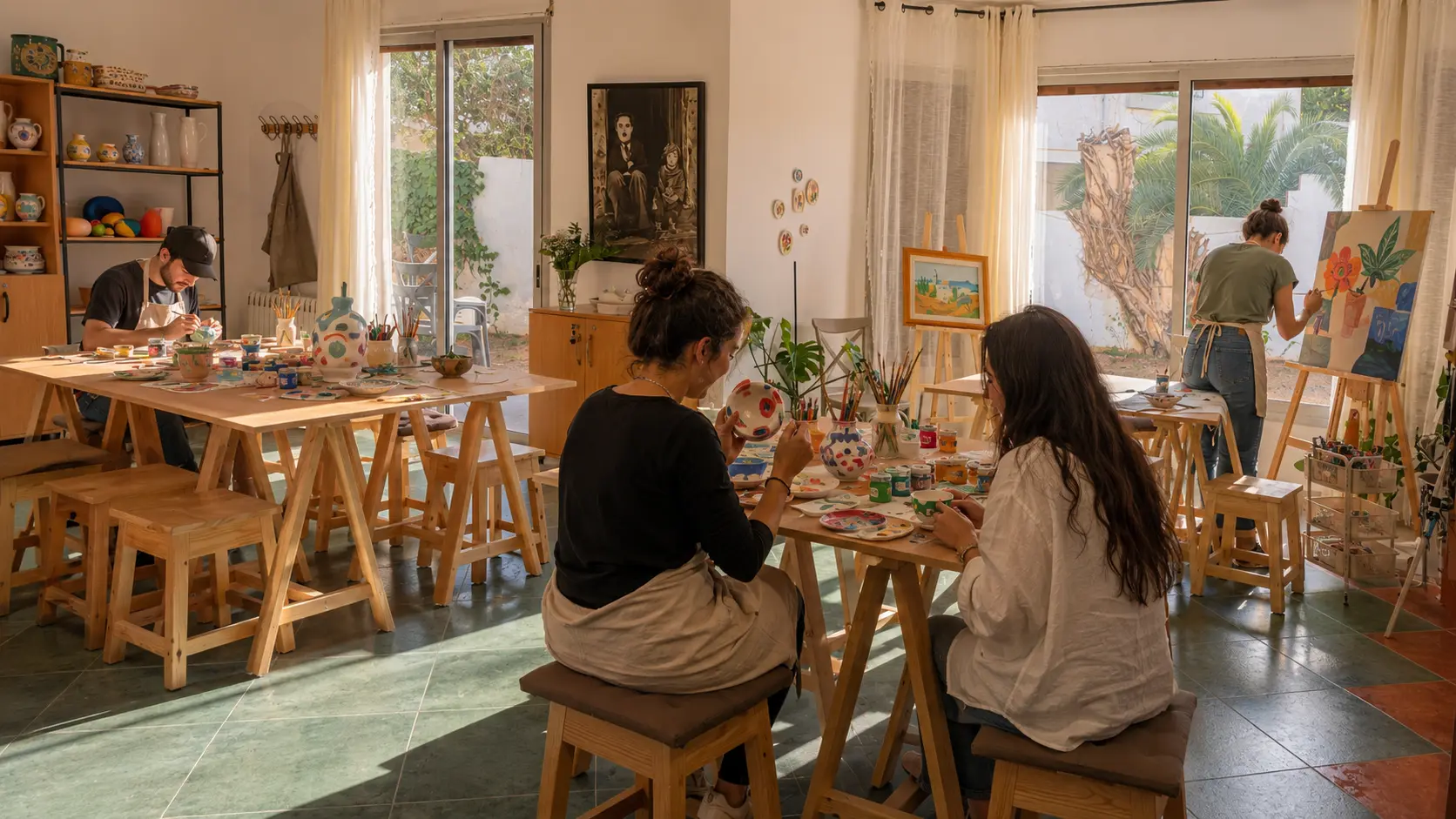 Atelier partagé Lik'Art à El Menzah 5, Tunis : plusieurs artistes peignent céramiques et toiles dans un espace lumineux et ensoleillé