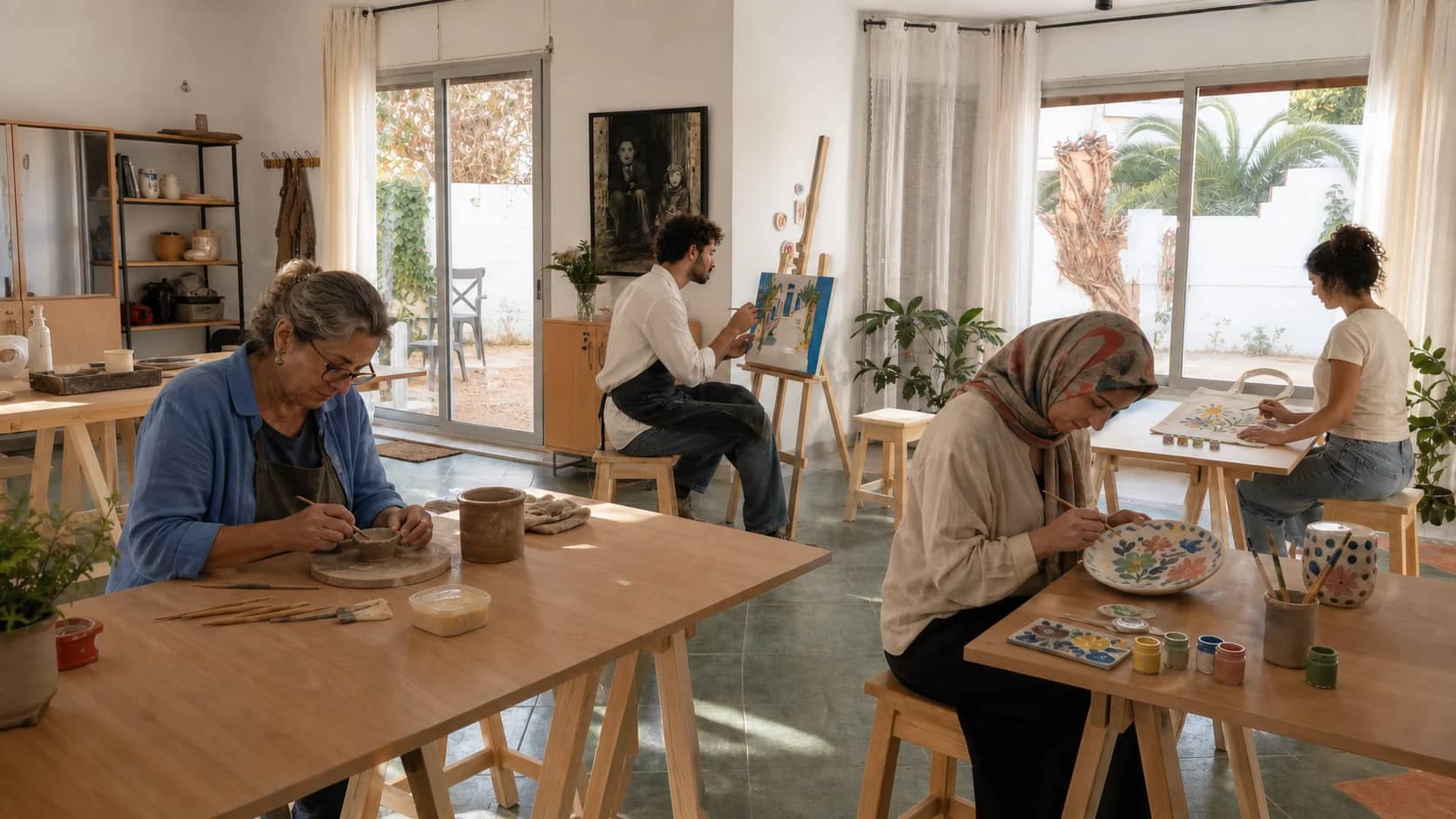 Quatre adultes de différents âges pratiquent la peinture, la céramique, le modelage et la décoration textile dans l'espace créatif Lik'Art à Tunis